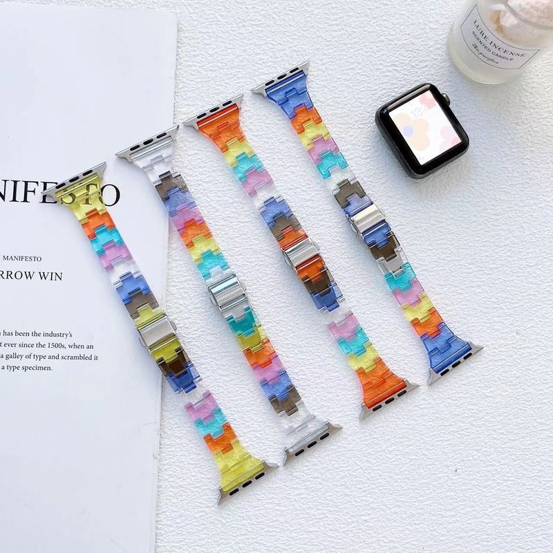 Dây Đeo Đồng Hồ Bằng Nhựa Resin Màu Cầu Vồng Cho Apple Watch 7 6 5 SE 3 2 41mm 45 38 40mm