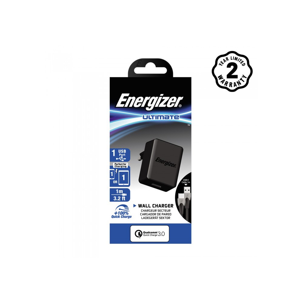 Sạc Energizer 1 cổng Quick Charge QC 3.0 18W kèm cáp USB Type-C - AC1Q3EUUC23 - Hãng phân phối chính thức