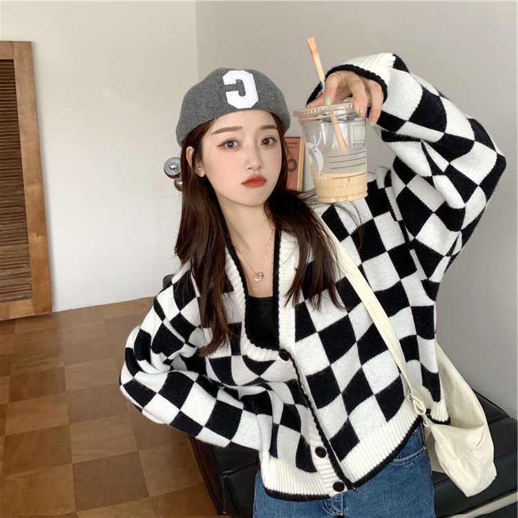Áo khoác cardigan len dáng rộng croptop kẻ caro phong cách Hàn Quốc trẻ trung chất len mềm mịn