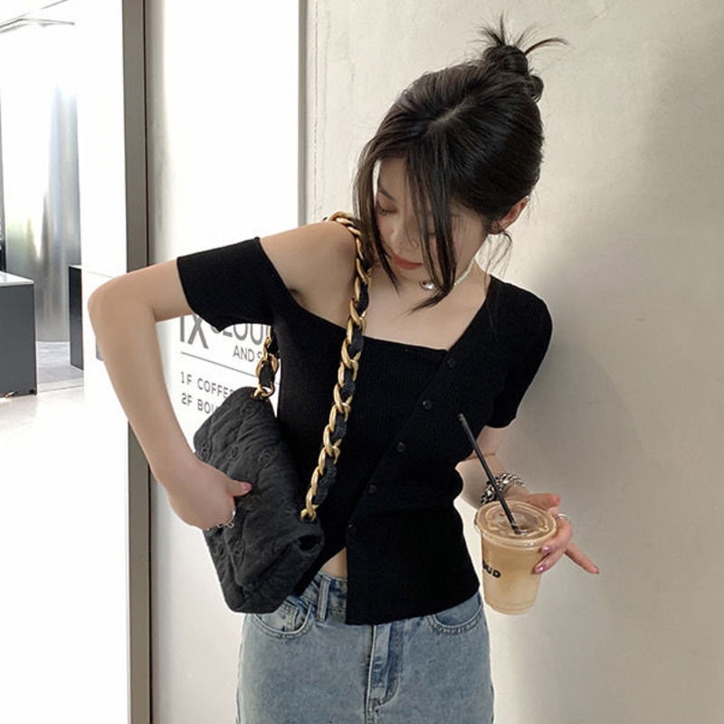 Áo Thun Dệt Kim Tay Ngắn Dáng Ôm Màu Đen Trơn Quyến Rũ Dành Cho Nữ