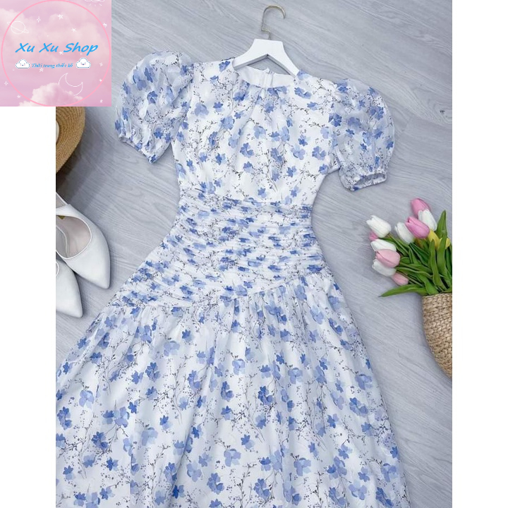 Đầm hoa nhí xếp ly eo cổ tròn - XU XU SHOP - Váy voan nữ thiết kế dáng xòe form xinh vải đẹp, may tỉ mỉ - ẢNH THẬT
