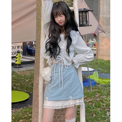 Chân Váy Chữ A Lưng Cao Phối Bèo Và Nơ Xinh Xắn Thời Trang Nhật Bản Cho Nữ