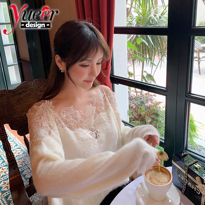 Áo Sweater dệt kim phối ren phong cách hàn quốc💕💕Áo len hai dây phối ren hoa thời trang thanh lịch cho nữ
