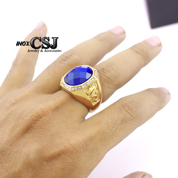 NHẪN NAM INOX MẠ VÀNG 2 BÊN CON RỒNG ĐÁ XANH DƯƠNG siêu đẹp - tặng hộp đựng xinh xắn