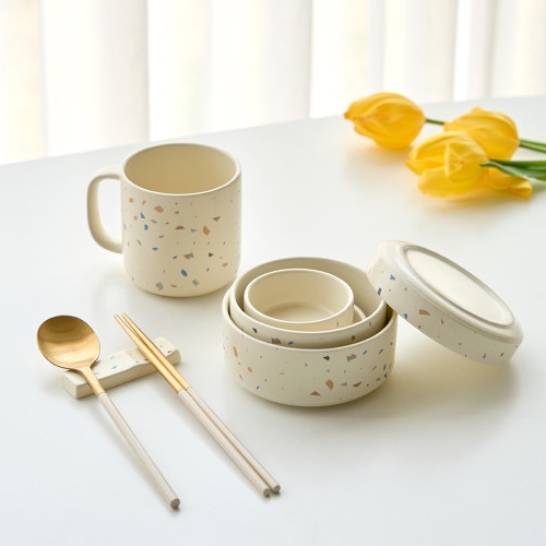 Myteam Dono TERRAZZO Design Ceramic Modular Dish Set Bát đĩa & Đĩa & Cốc / Cốc Bộ đồ ăn 7 chiếc Màu hồng nhẹ nhàng, Kem vani Tiết kiệm không gian, Bền & An toàn