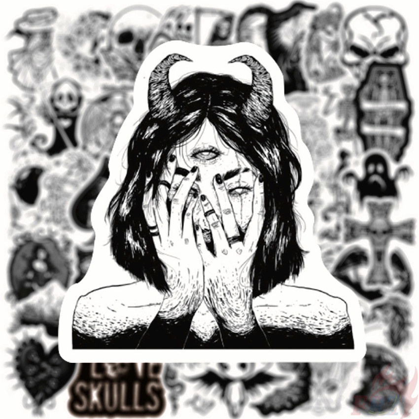 ❉ Sticker Dán Trang Trí Họa Tiết Trắng Đen Phong Cách Gothic Punk 04 ❉ Bộ 50 Sticker Chống Thấm Nước Họa Tiết Doodle Hợp Thời Trang