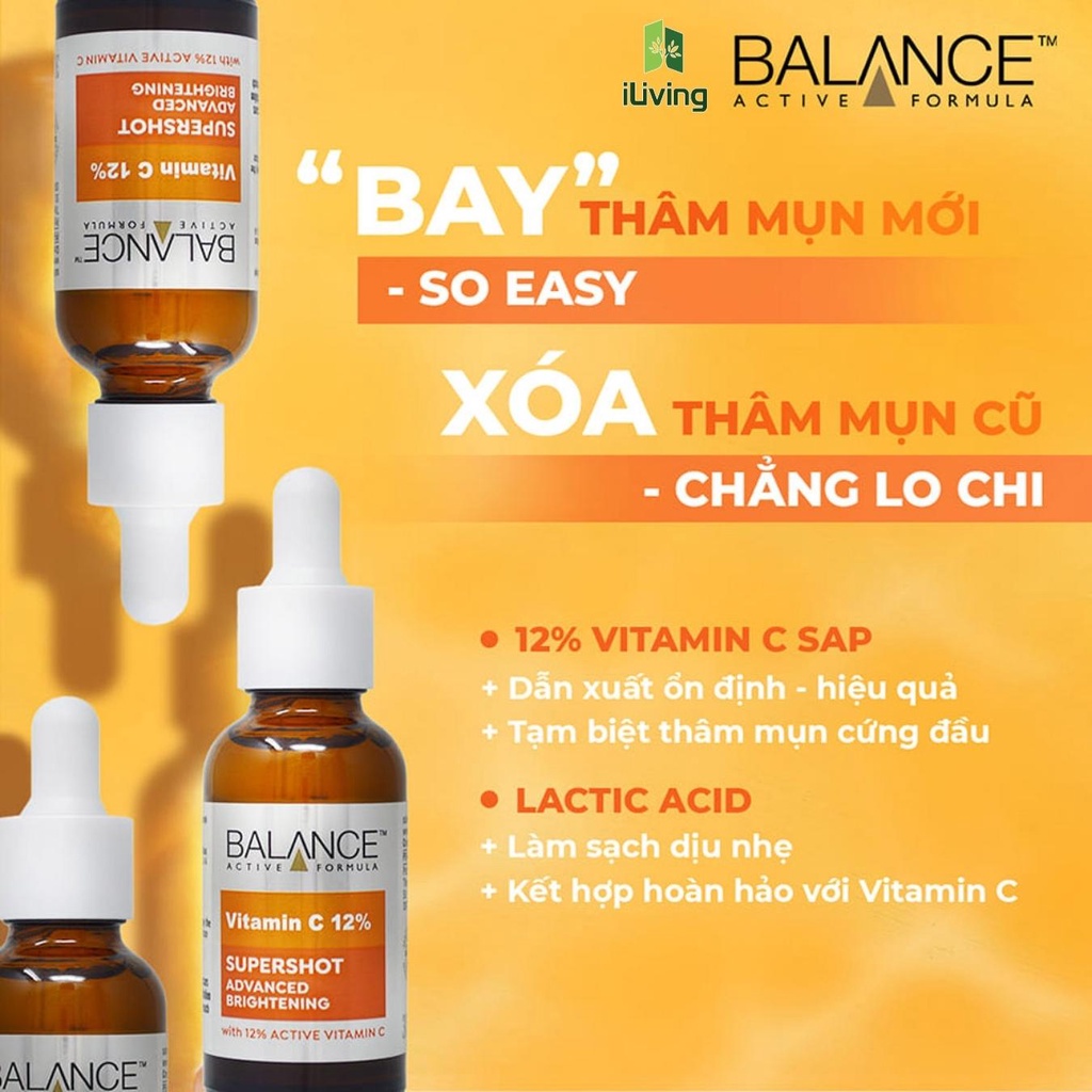 Bộ sản phẩm ngừa mụn, giảm thâm và làm sáng da Serum Balance 12% Vitamin C Supershot và Niacinamide ILIVING-BALCB2SR