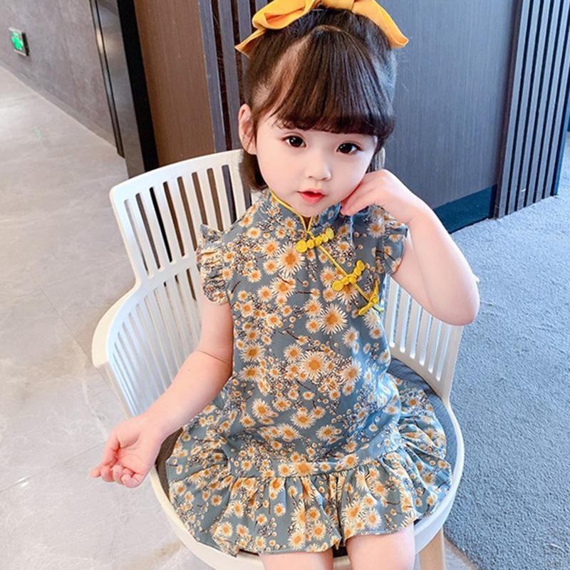 Đầm Sườn Xám In Hoa Kiểu Trung Hoa Thời Trang Mùa Hè Cho Bé Gái