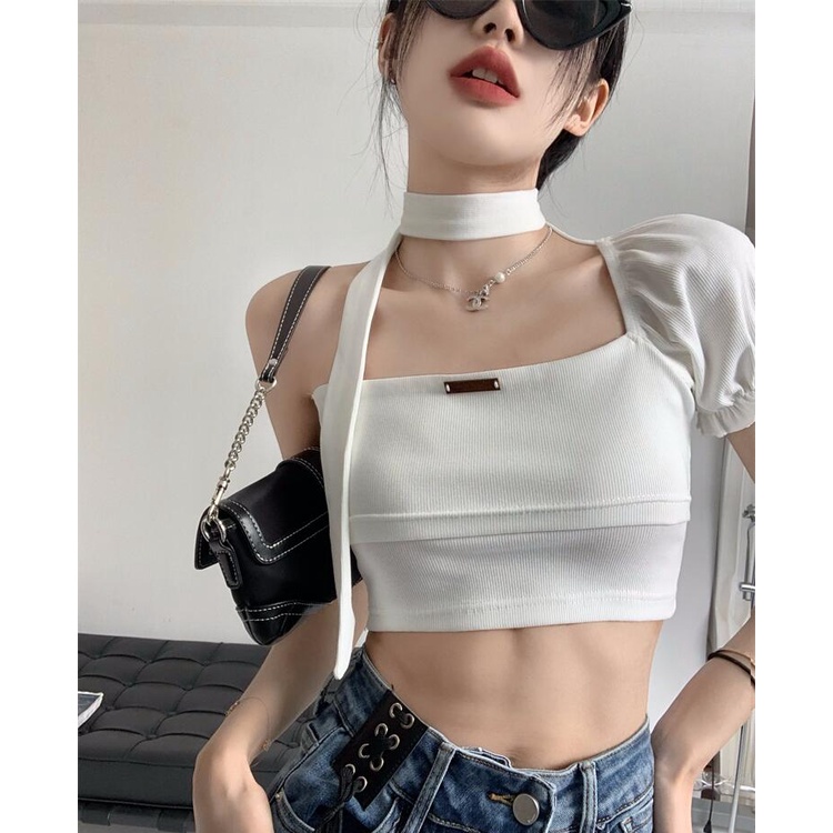 QKOOLE Áo kiểu nữ ngắn tay dáng ôm phong cách Hàn Quốc