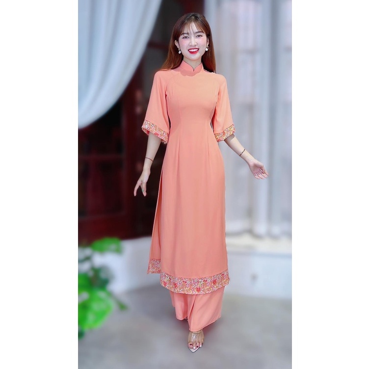 Áo dài nữ trơn cách tân kiểu tay lỡ phối viền hoa không kèm quần CHUU AD8003