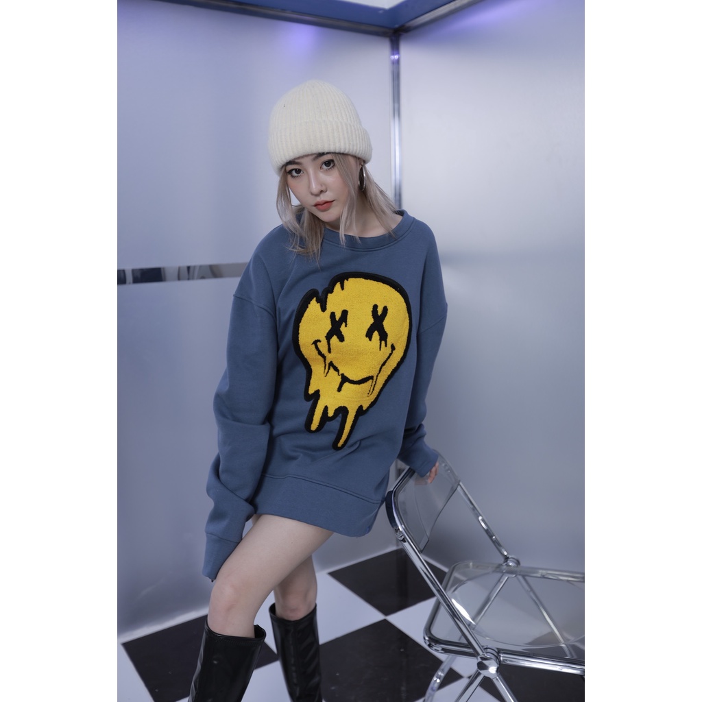 Áo Sweater Mùa Đông Nỉ Form Rộng Yellow Face Gonz - Màu Xanh | BigBuy360 - bigbuy360.vn