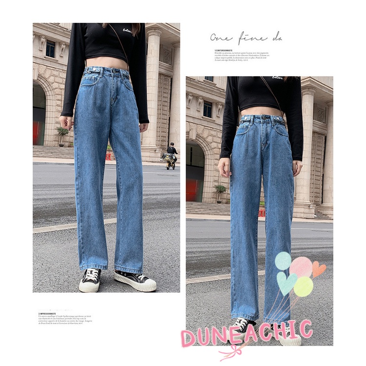 DUNEA Quần Jean Dài Lưng Cao Ống Rộng Thời Trang Cá Tính Cho Nữ