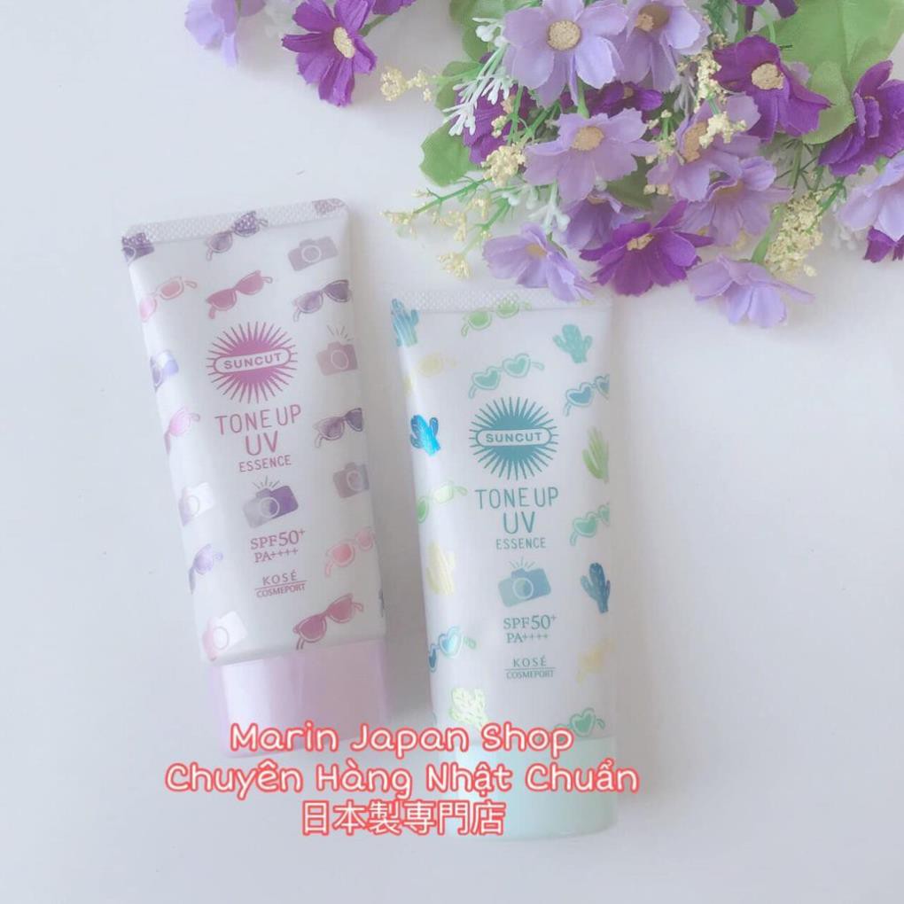 Kem chống nắng Kose Tone Up UV Essence giúp nâng tone suncut màu tím và xanh siêu dễ thương mẫu mới nhất