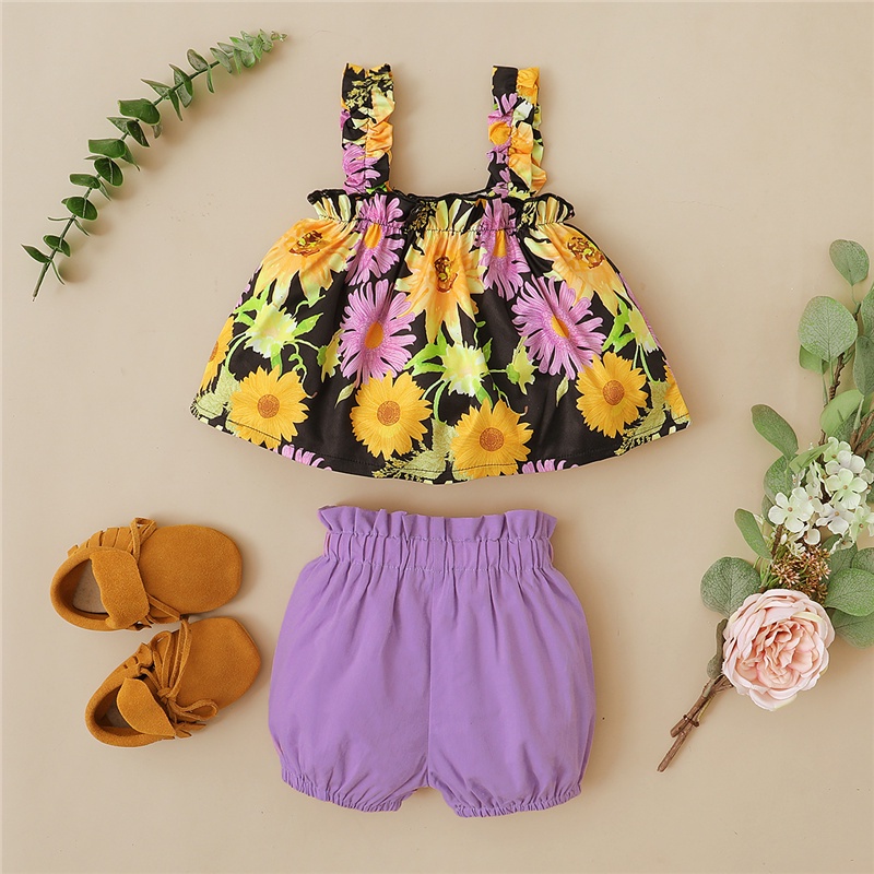 Set đồ Mikrdoo gồm áo 2 dây in hoa + quần short thời trang hè đơn giản cho bé gái 1-6 tuổi