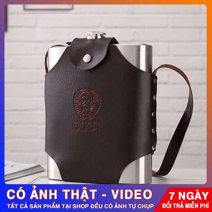 Bình đựng rượu ⭐️ KHÔNG HAN RỈ ⭐️Bình đựng nước inox CCCP 1.5 lít tiện lợi, có dây đeo và ốp da - Tặng phễu rót rượu