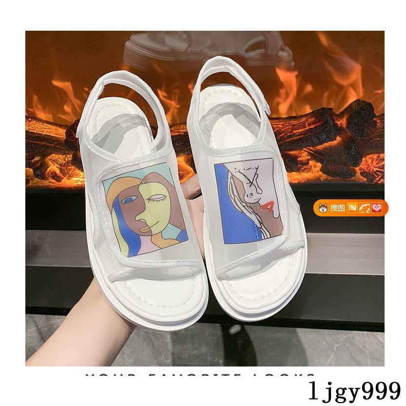 Giày Sandal Đế Dày Phối Lưới Họa Tiết Graffiti Cá Tính