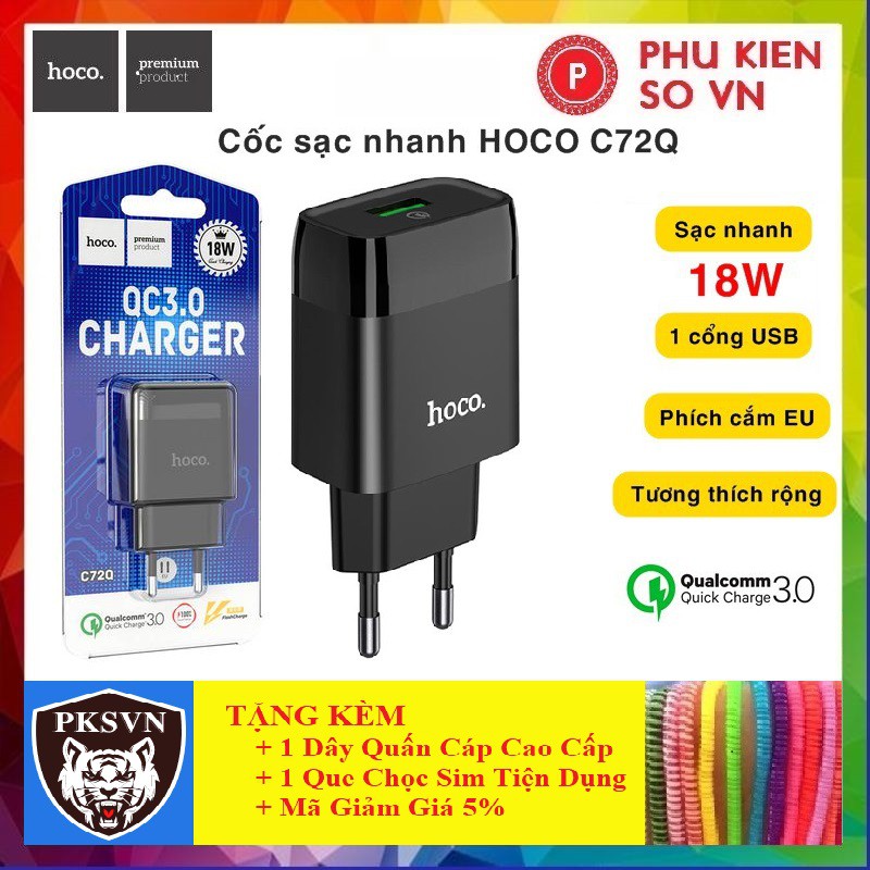 Củ Sạc Nhanh Hoco C72QSIÊU BỀNCốc Sạc Iphone Sạc Nhanh QC3.0 18W Cho Các Dòng Iphone/Android - Bảo Hành Chính Hãng 12T