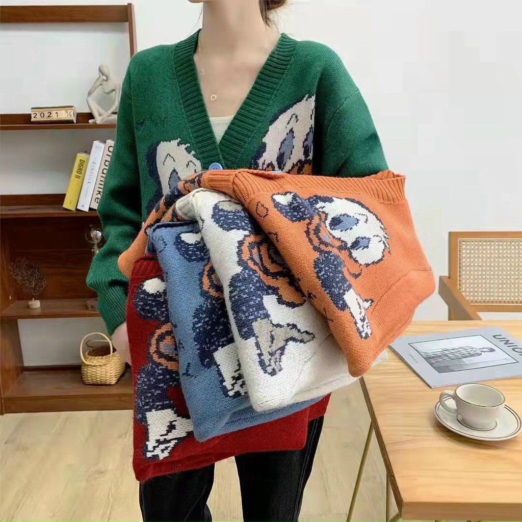 Áo Khoác Len Dệt Kim Cardigan Cổ Chữ V Rộng Rãi In Hình Vịt Donald 5 Màu Sắc (CÓ SẴN) Ngoc Linh Closet