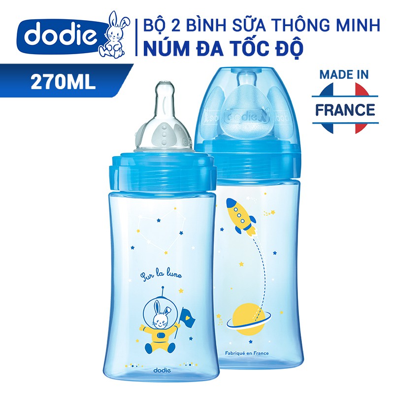 Set 2 bình sữa tam giác thông minh núm đa tốc độ Dodie 270ml cho bé trai