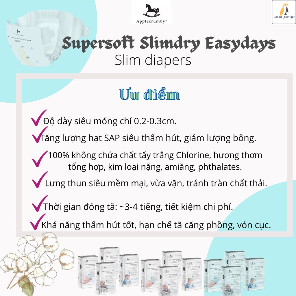 [Dùng thử] Tã/bỉm dán/quần Applecrumby Supersoft SlimDry Easydays Tape/Pull up Diapers S1/M1/L1/XL1/XXL1