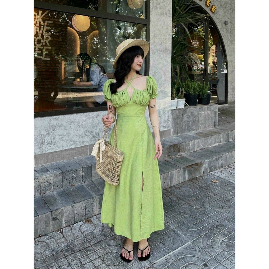 Đầm nữ , đầm lụa cổ yếm tay bồng nhún ngực dáng dài sẻ tà , đầm màu xanh bơ hot trend kèm ảnh thật