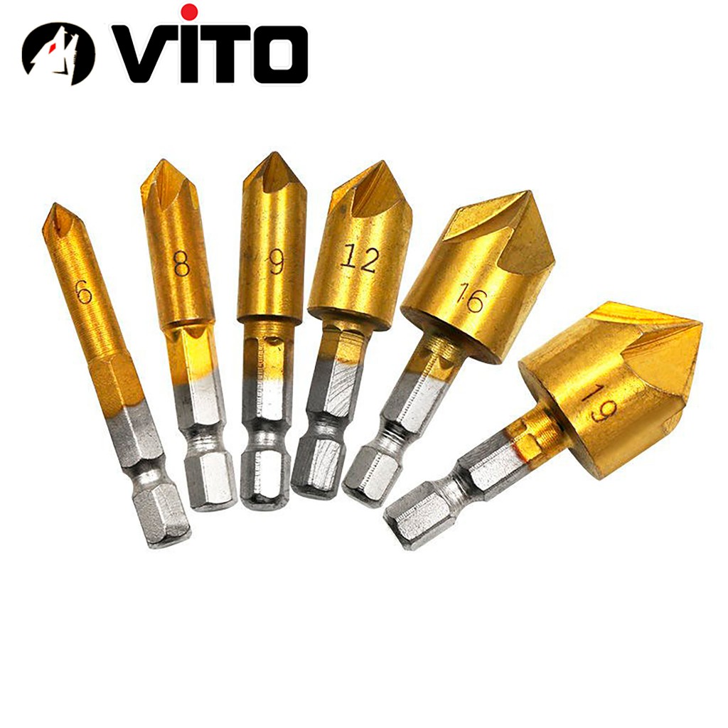 Bộ 6 Mũi Doa Âm Miệng Lỗ Bắt Âm Vít 5 Lưỡi Phay VITO Phủ Titanium 6-19mm Chuôi Lục Giác