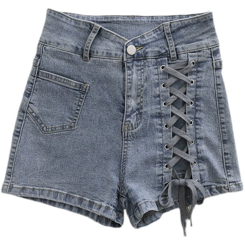 Tie cross-waist large-size denim wide-leg shorts women's 2022 summer dress Korean version show thin A hot pants trend