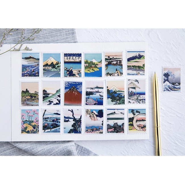 Hộp 46 miếng sticker mẫu tem tranh hokusai phong cảnh nhật bản