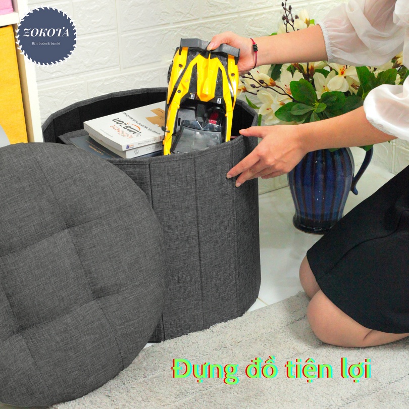Ghế Ngồi Đựng Đồ Đa Năng - Ghế Đôn Sofa Tròn Chất Liệu Vải Cao Cấp