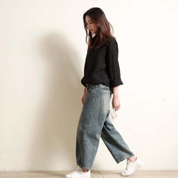 Áo Sơ Mi Vải Lanh Cotton Tay Dài Dáng Rộng Phong Cách Mới Cho Nữ