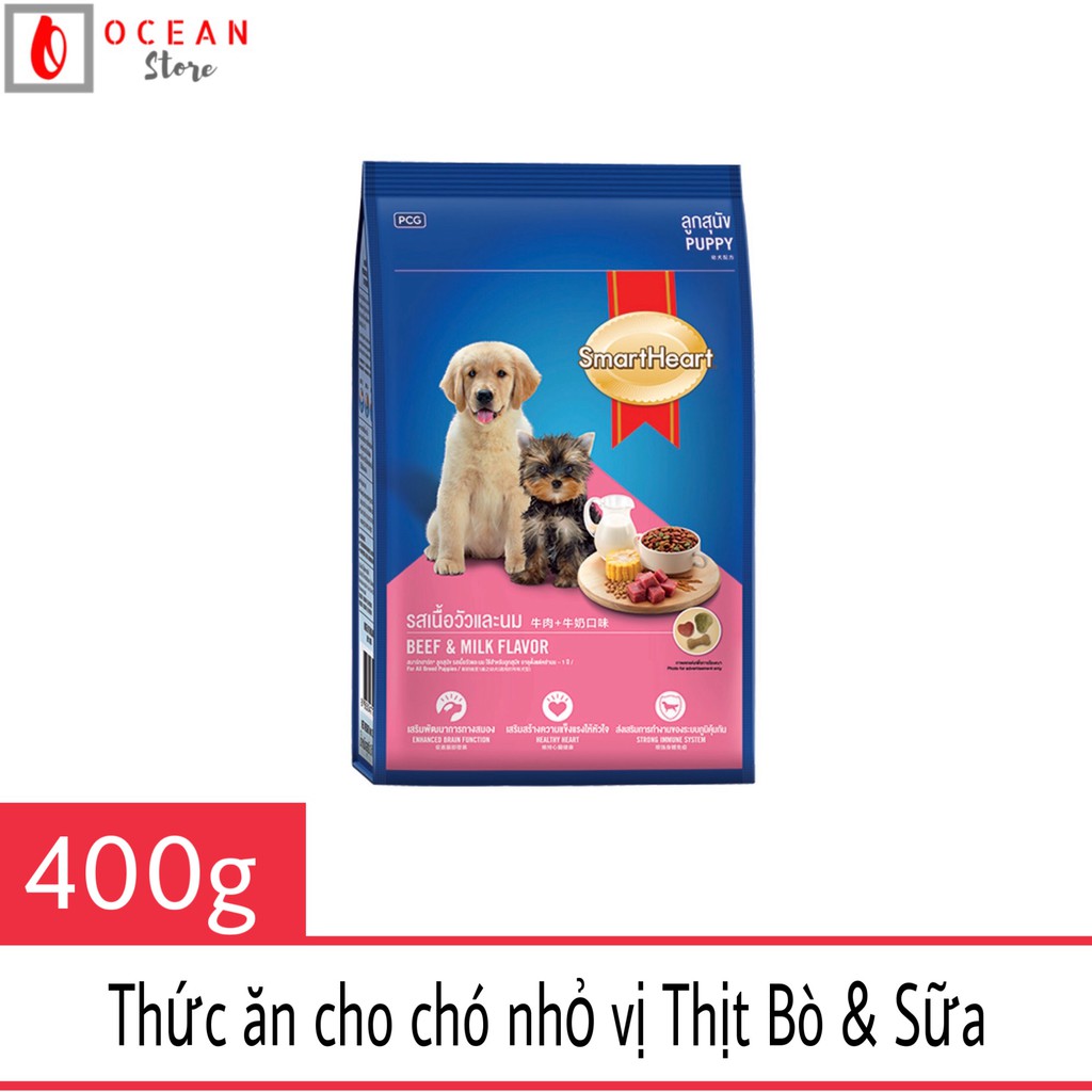 Thức ăn dành cho chó nhỏ vị Bò Nướng và Sữa - Smartheart Puppy gói 400g