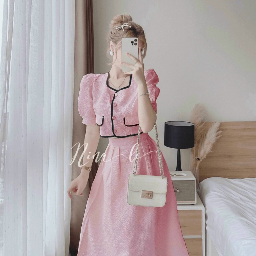 Sét Đầm 2 Món áo Viền Kết Hợp Chân Váy Xòe Dài Có Lót Chất Xốp Nhật Mặc Mát Tôn Dáng VUA SỈ ONLINE