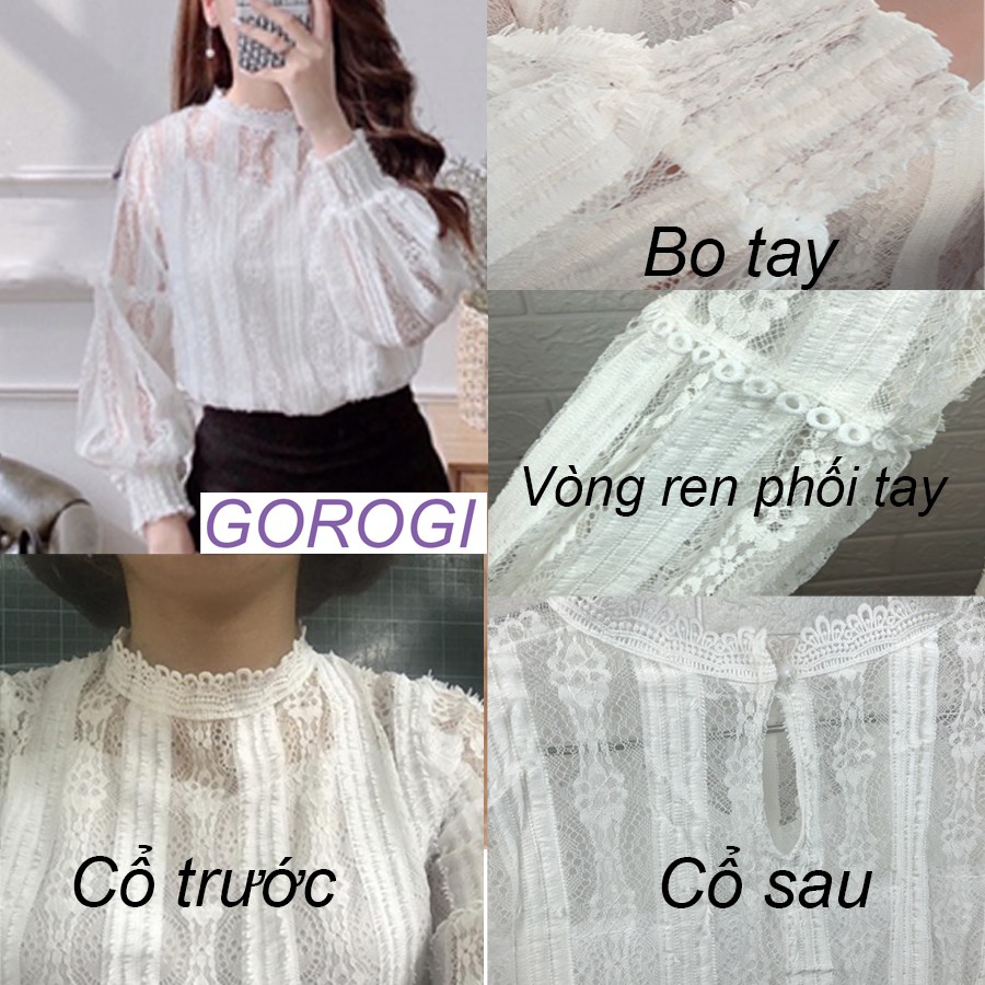 Áo sơ mi nữ ren dài tay hai lớp dáng rộng sơ mi nữ ren thiết kế cổ lọ kiểu công sở đi chơi GOROGI