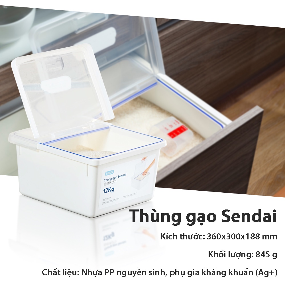 Thùng Đựng Gạo 🥉 Thố Đựng Gạo Có Nắp Cao Cấp Sendai 12 KG Nhựa Kín Kháng Khuẩn Chống Ẩm Thông Minh