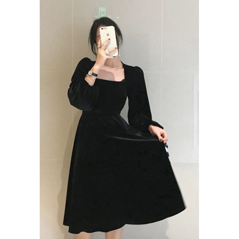 (ORDER) Váy nhung xòe dài tay cổ vuông bo eo sang chảnh kiểu Pháp đơn giản | BigBuy360 - bigbuy360.vn