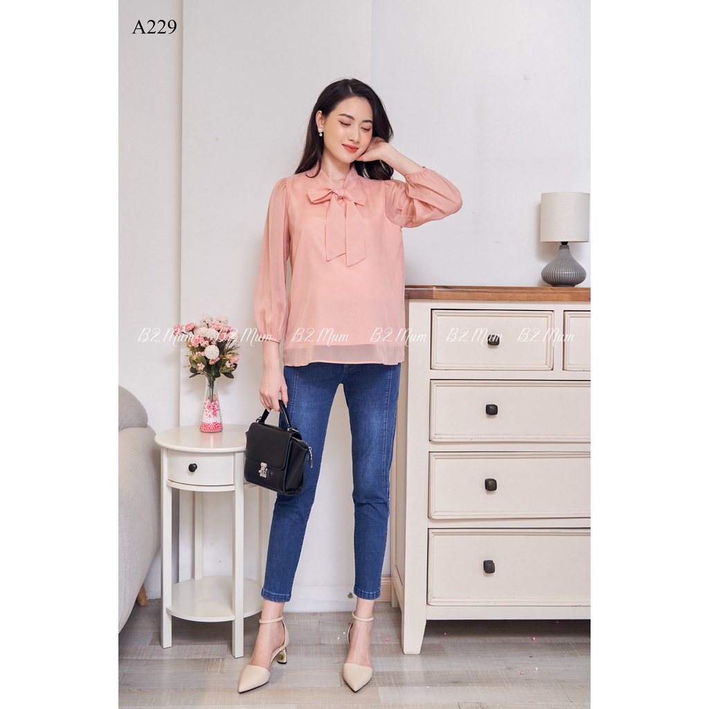 A229 Áo bầu tơ dài tay nơ cổ B2 MUM