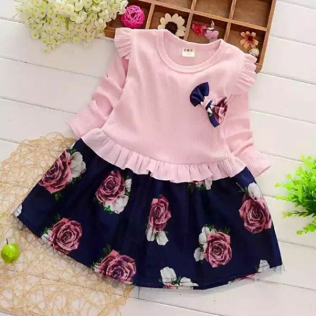 Set liền thu đông gồm Áo len tăm, Váy cotton lót nỉ cực ấm