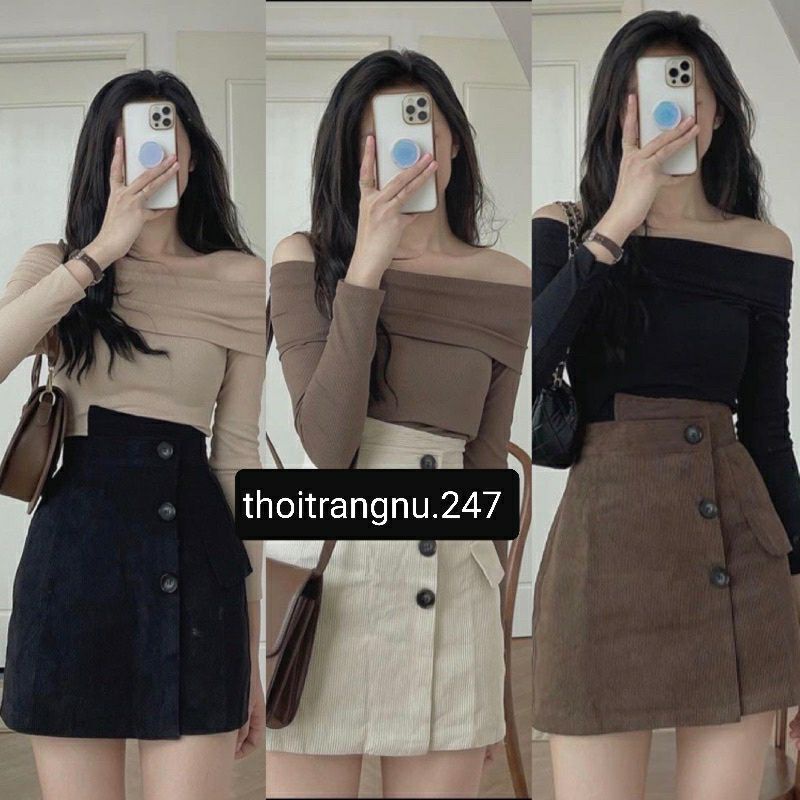 Quần váy chất nhung tăm phối 3 cúc 672