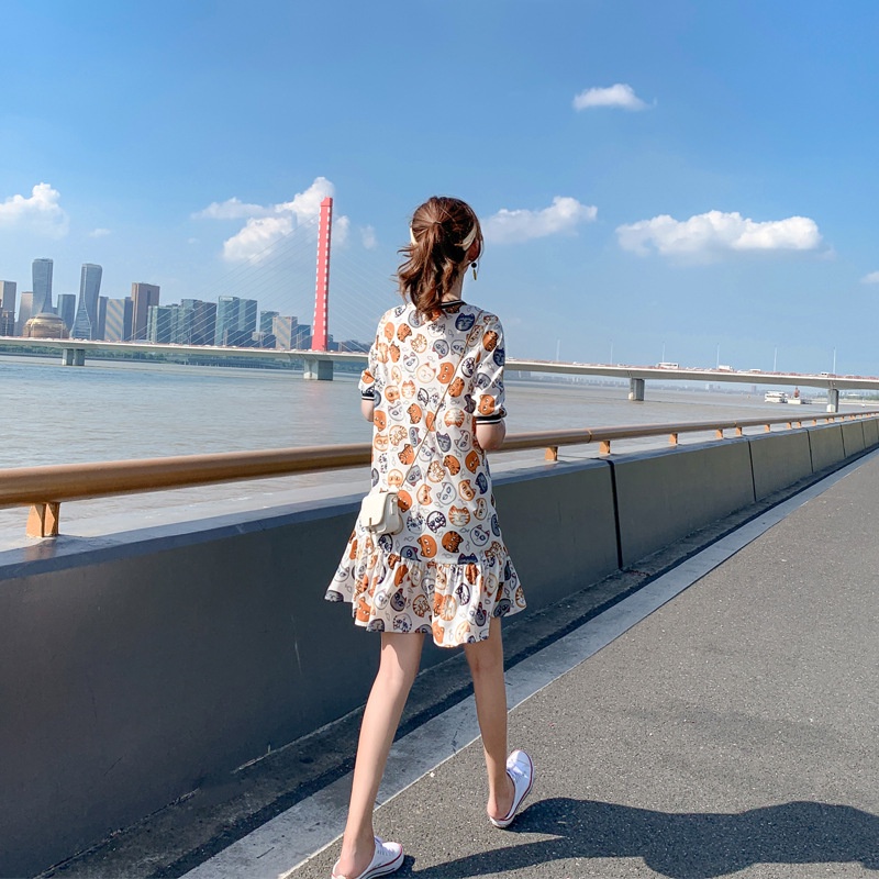 Đầm chữ A IELGY cổ tròn in họa tiết dễ thương size lớn thời trang cho nữ