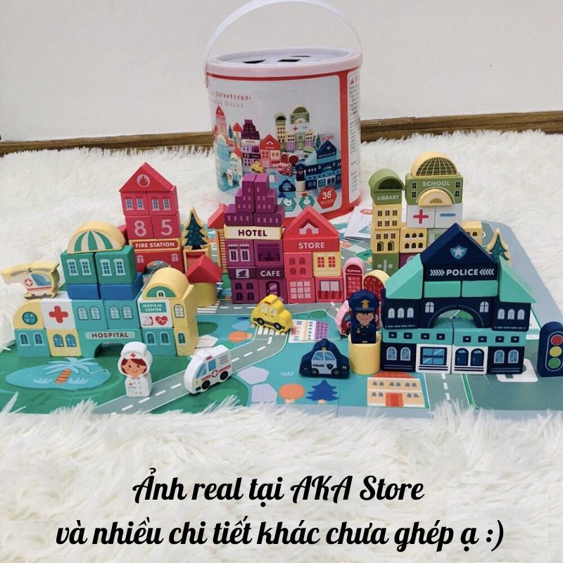 Đồ chơi gỗ xếp hình mô hình thành phố bằng gỗ tự nhiên Cao cấp, đồ chơi giao dục sớm cho bé, AKA Store