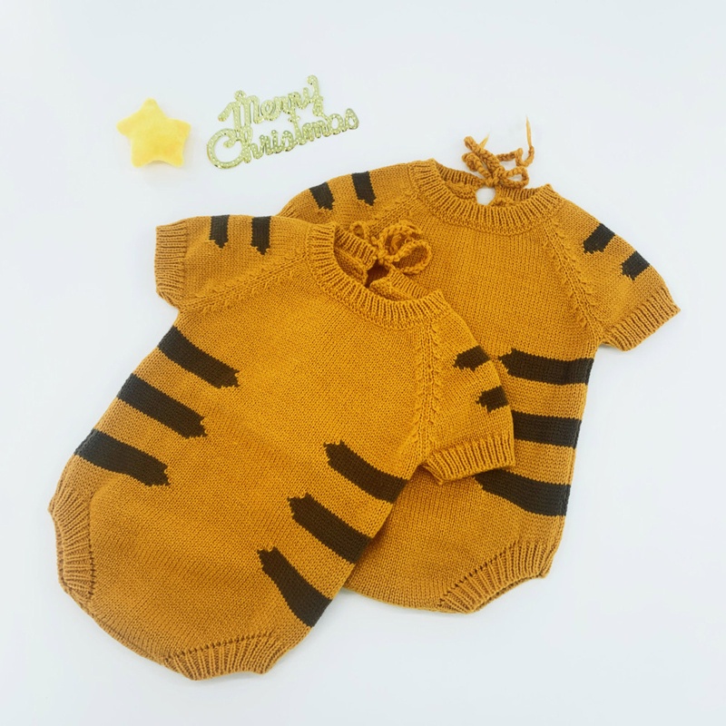 Set 2 Món Áo Liền Quần Dệt Kim In Hình Hổ Dễ Thương Làm Phụ Kiện Chụp Ảnh Cho Bé Sơ Sinh