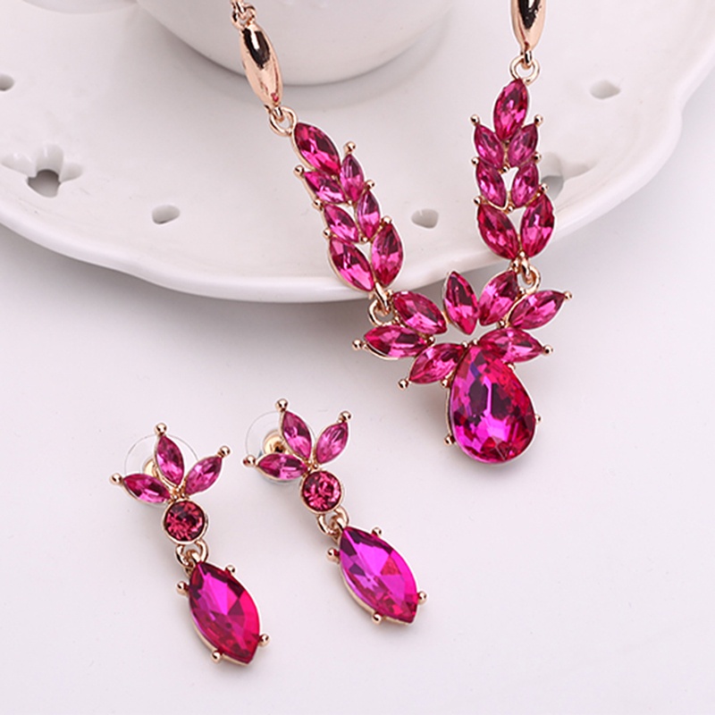 Bộ Vòng cổ + Bông Tai Đính Đá Hình Lá Cho Nữ