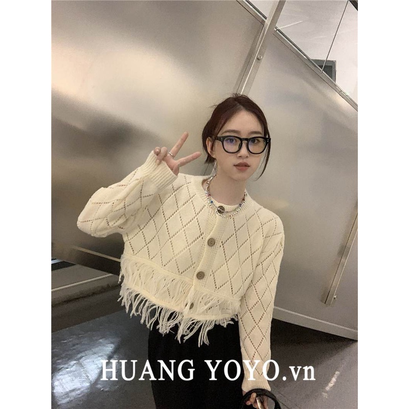 Huang YOYO Áo Khoác cardigan Dệt Kim Dáng Rộng Tay Dài Thiết Kế Đục Lỗ Phối Tua Rua Thời Trang Mùa Thu Phong Cách Hàn Quốc Cho Nữ