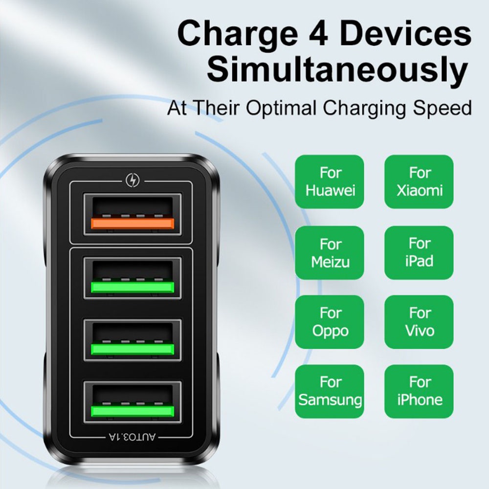 QC 3.0 3A LED Wall Charger Fast Adapter 4USB Charging Adapter Block Illuminated Travel Plug
