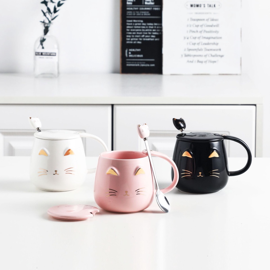 Cốc ly sứ mặt mèo 3D dễ thương dung tích 400ml kèm nắp và thìa dùng hàng ngày, đựng trà, cafe, quà tặng-Ráp