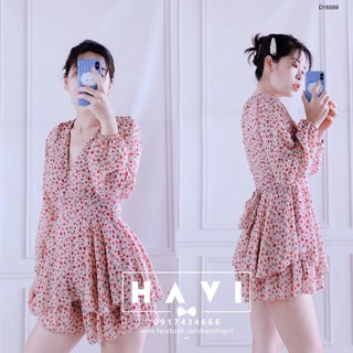 (ẢNH THẬT) Jumsuit hoa cổ V tầng có dây buộc eo
