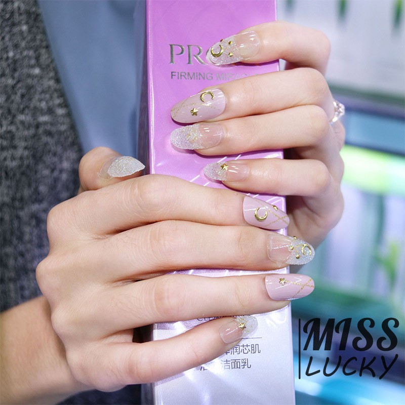 ❤Set 24 Móng Tay Giả Họa Tiết Trăng Sao 3D Tự Dính Toàn Bộ