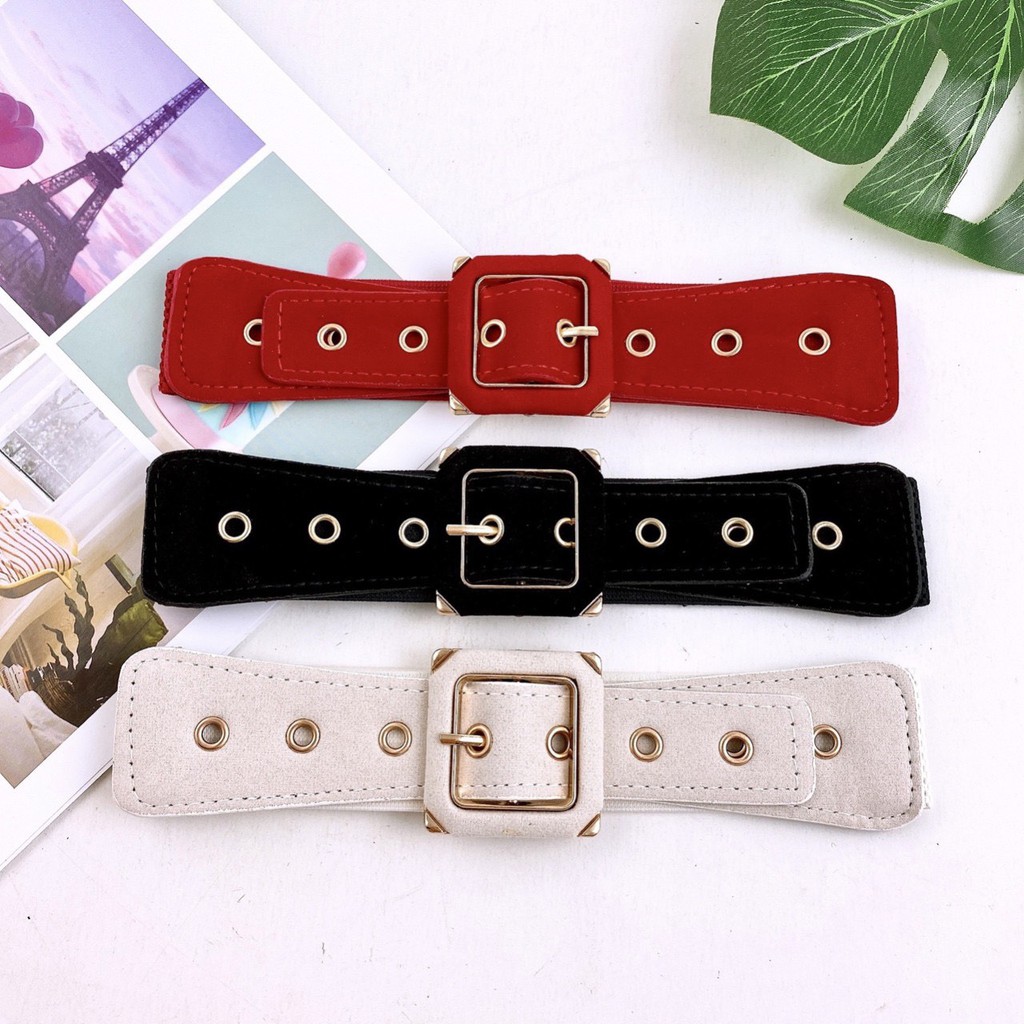 Dây nịt mặc đầm thắt eo kim nhung đục lỗ khóa vuông bản 3,5cm