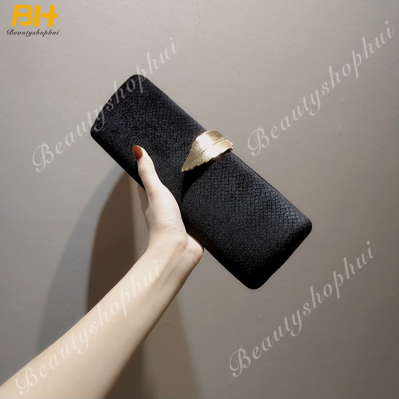 Ví Cầm Tay Vải Nhung Đính Khóa Hình Chiếc Lá Thời Trang Dự Tiệc