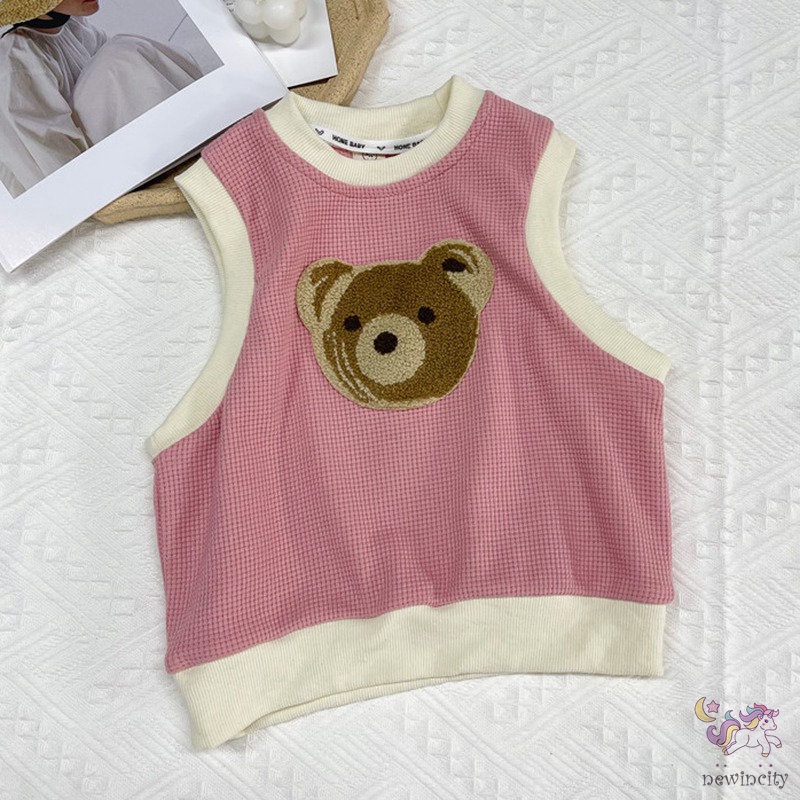 Áo kiểu sát nách thêu họa tiết gấu hoạt hình phong cách Hàn Quốc xinh xắn dành cho bé gái